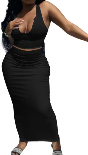 2 Piece Outfit Maxi Dress for Women, Summer Deep U Neck Sleeveless Tank Crop Tops Long Skirt Set Party Bodycon Dresses
