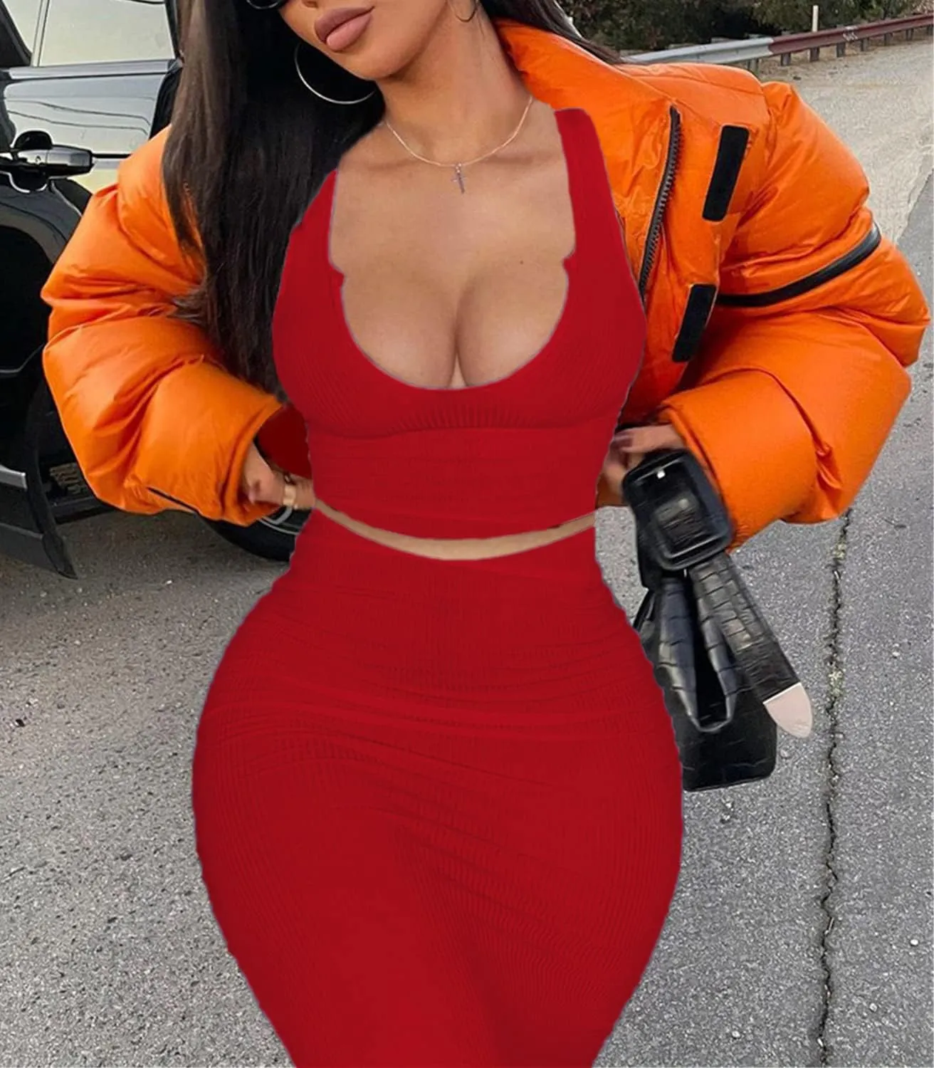 2 Piece Outfit Maxi Dress for Women, Summer Deep U Neck Sleeveless Tank Crop Tops Long Skirt Set Party Bodycon Dresses