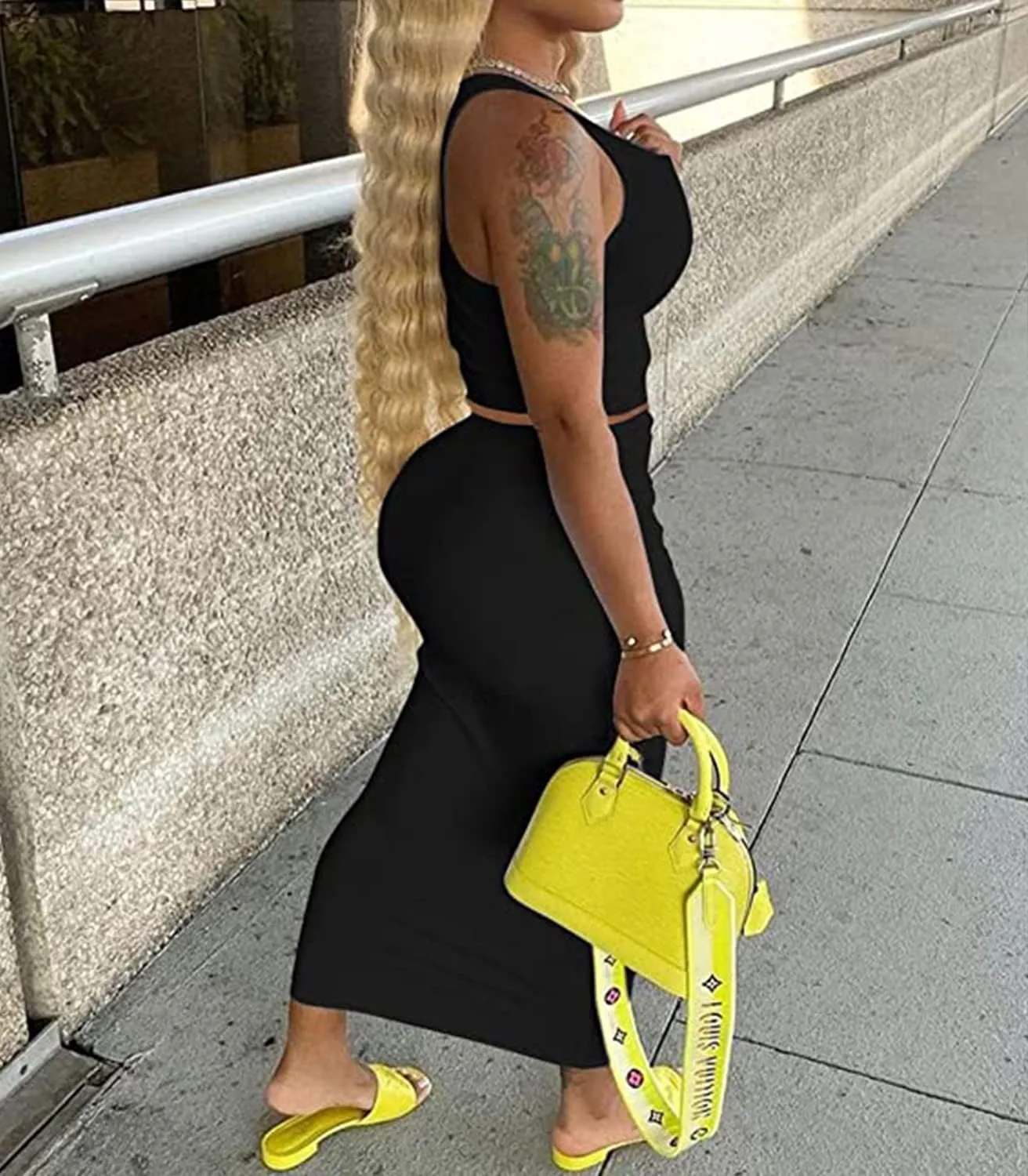 2 Piece Outfit Maxi Dress for Women, Summer Deep U Neck Sleeveless Tank Crop Tops Long Skirt Set Party Bodycon Dresses