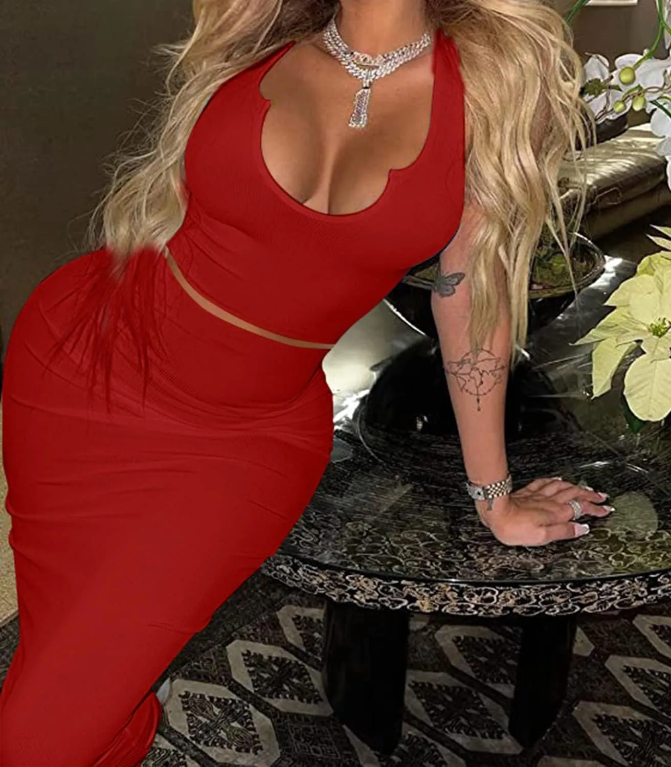 2 Piece Outfit Maxi Dress for Women, Summer Deep U Neck Sleeveless Tank Crop Tops Long Skirt Set Party Bodycon Dresses