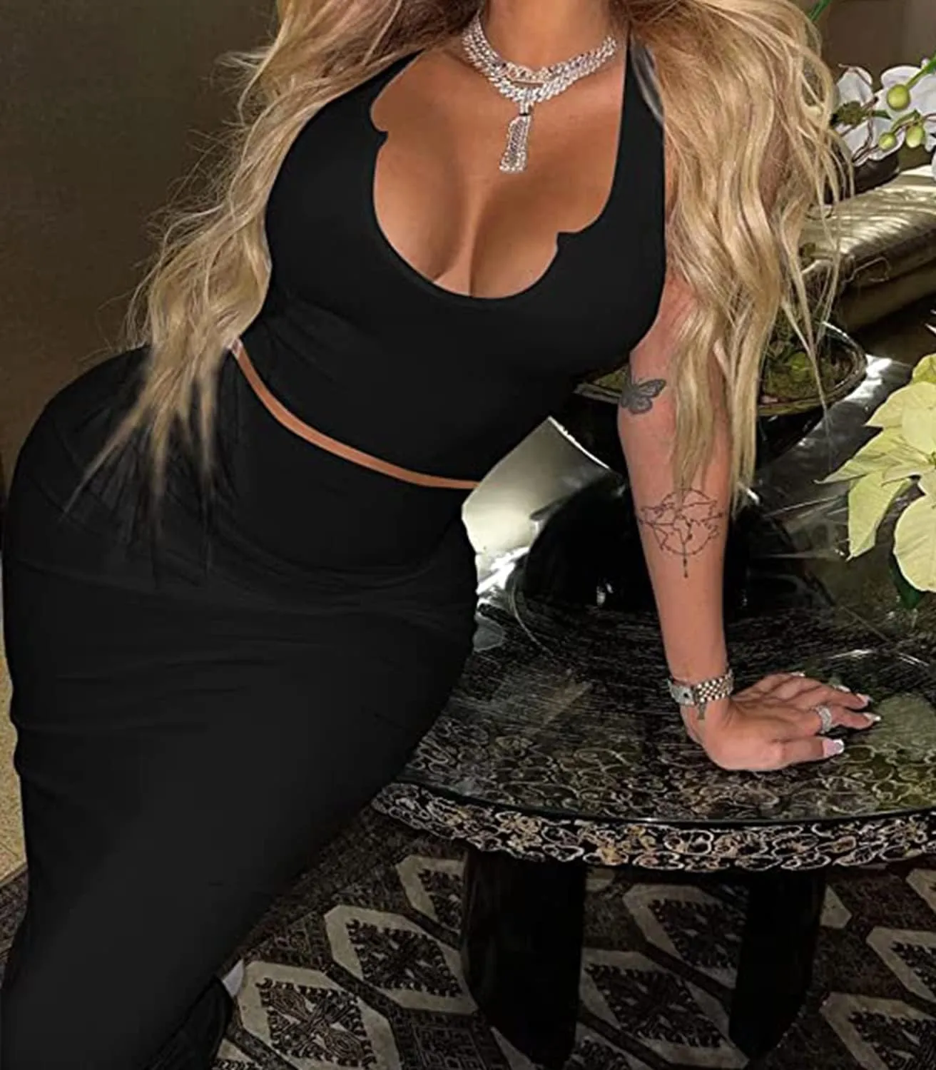 2 Piece Outfit Maxi Dress for Women, Summer Deep U Neck Sleeveless Tank Crop Tops Long Skirt Set Party Bodycon Dresses