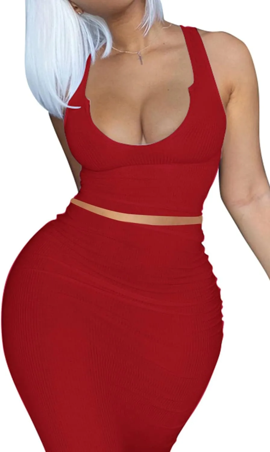 2 Piece Outfit Maxi Dress for Women, Summer Deep U Neck Sleeveless Tank Crop Tops Long Skirt Set Party Bodycon Dresses