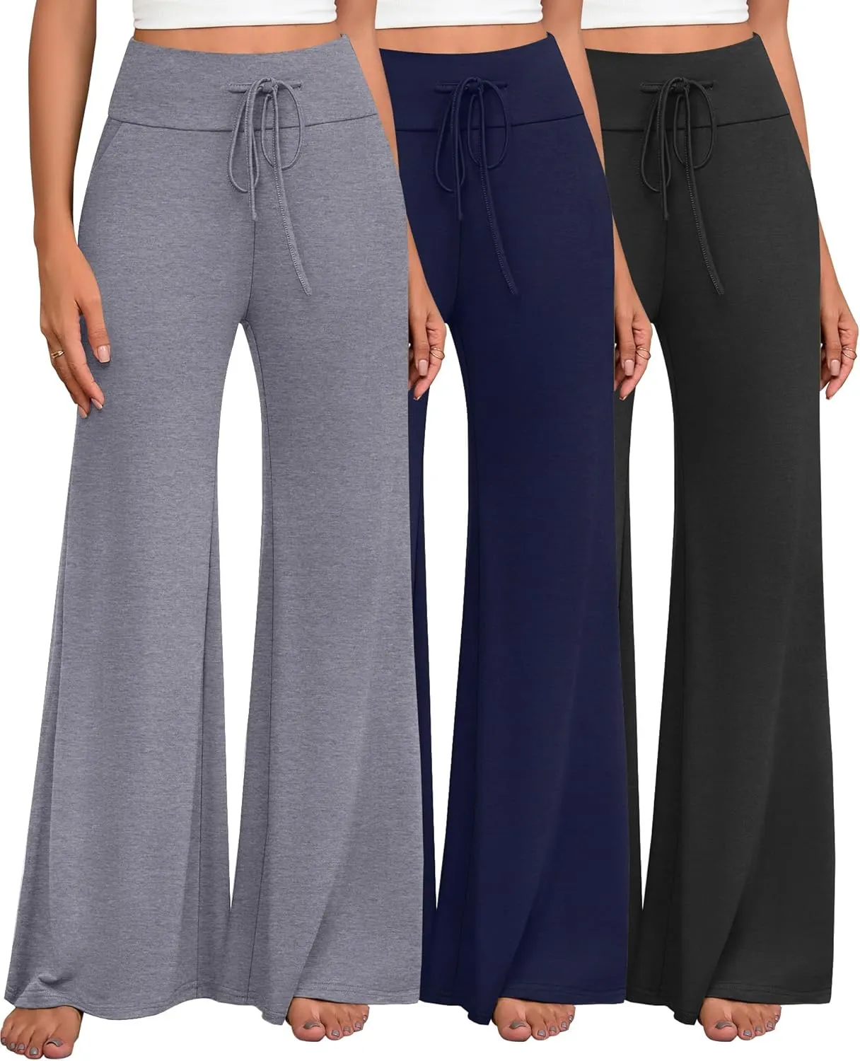 3 Pack Women's Wide Leg Pants Casual High Waist Flare Trousers Lounge Palazzo Yoga Sweatpants with Pockets