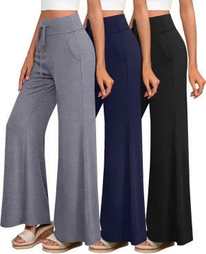 3 Pack Women's Wide Leg Pants Casual High Waist Flare Trousers Lounge Palazzo Yoga Sweatpants with Pockets
