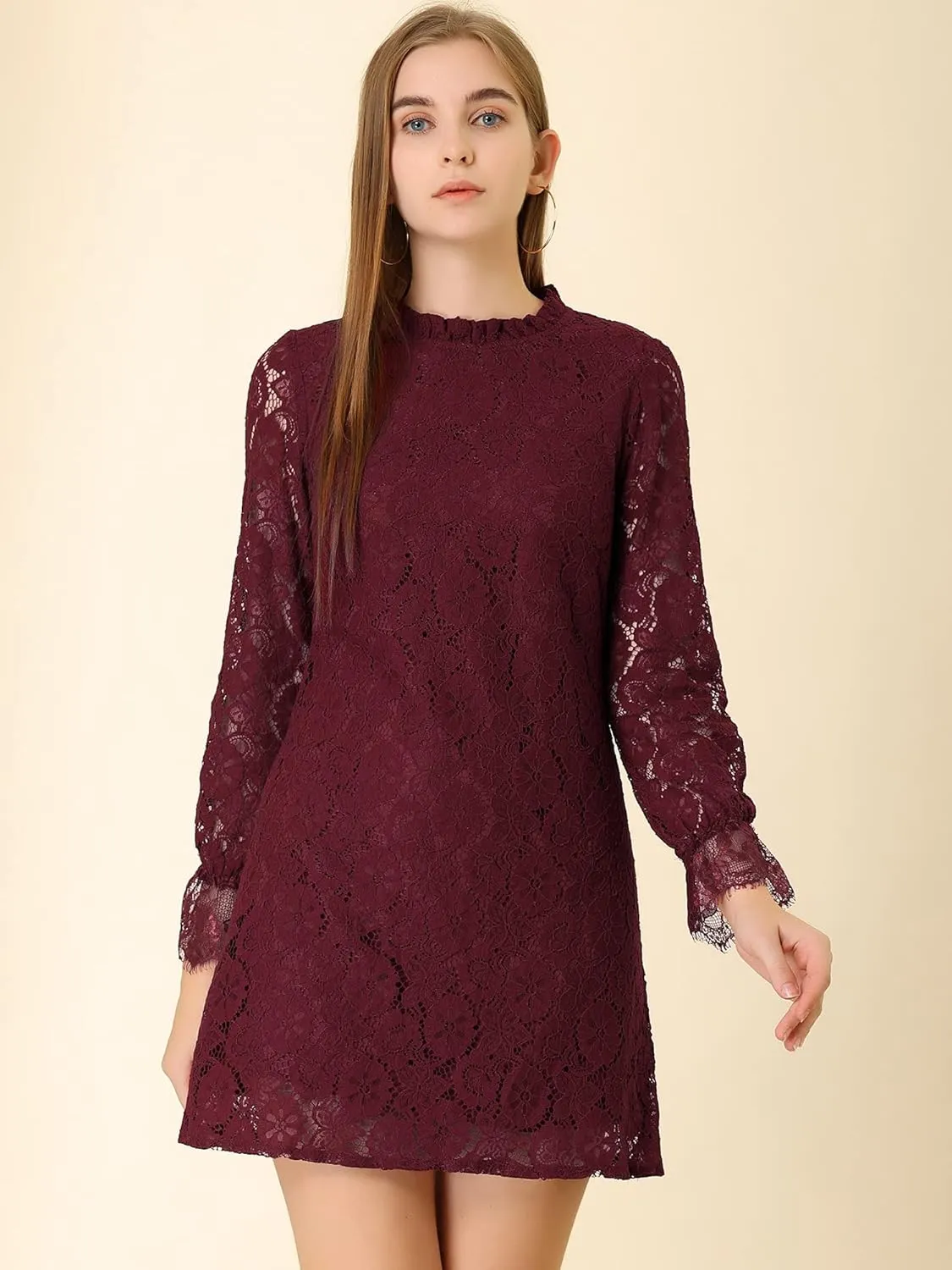 Allegra K Women's Cocktail Elegant Ruffle Crew Neck Floral Lace Shift Dress