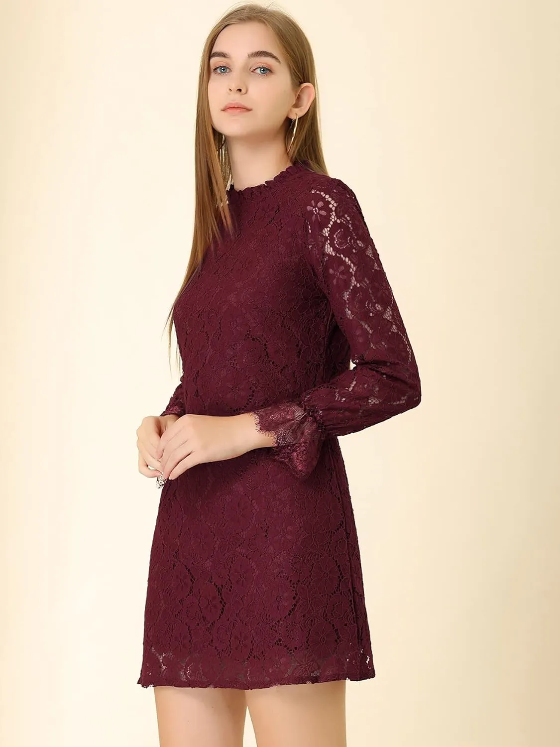 Allegra K Women's Cocktail Elegant Ruffle Crew Neck Floral Lace Shift Dress