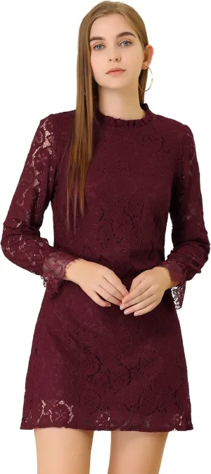 Allegra K Women's Cocktail Elegant Ruffle Crew Neck Floral Lace Shift Dress