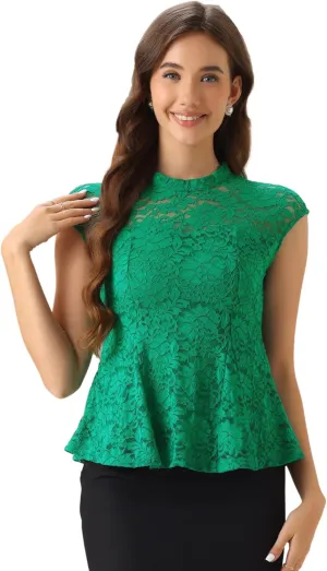 Allegra K Women's Crochet Peplum Floral Crochet Mock Neck Tops Cap Sleeve Lace Blouse