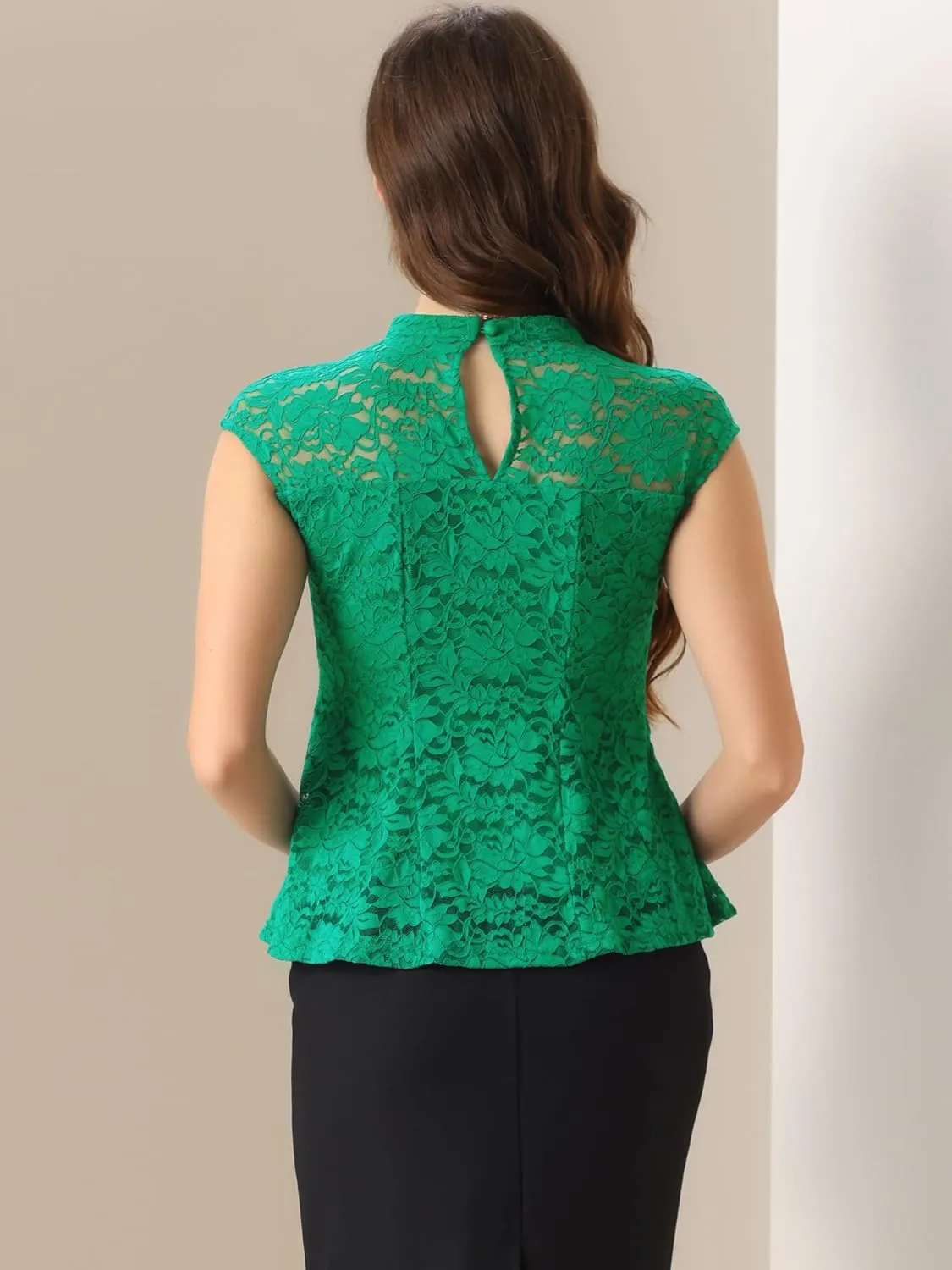Allegra K Women's Crochet Peplum Floral Crochet Mock Neck Tops Cap Sleeve Lace Blouse