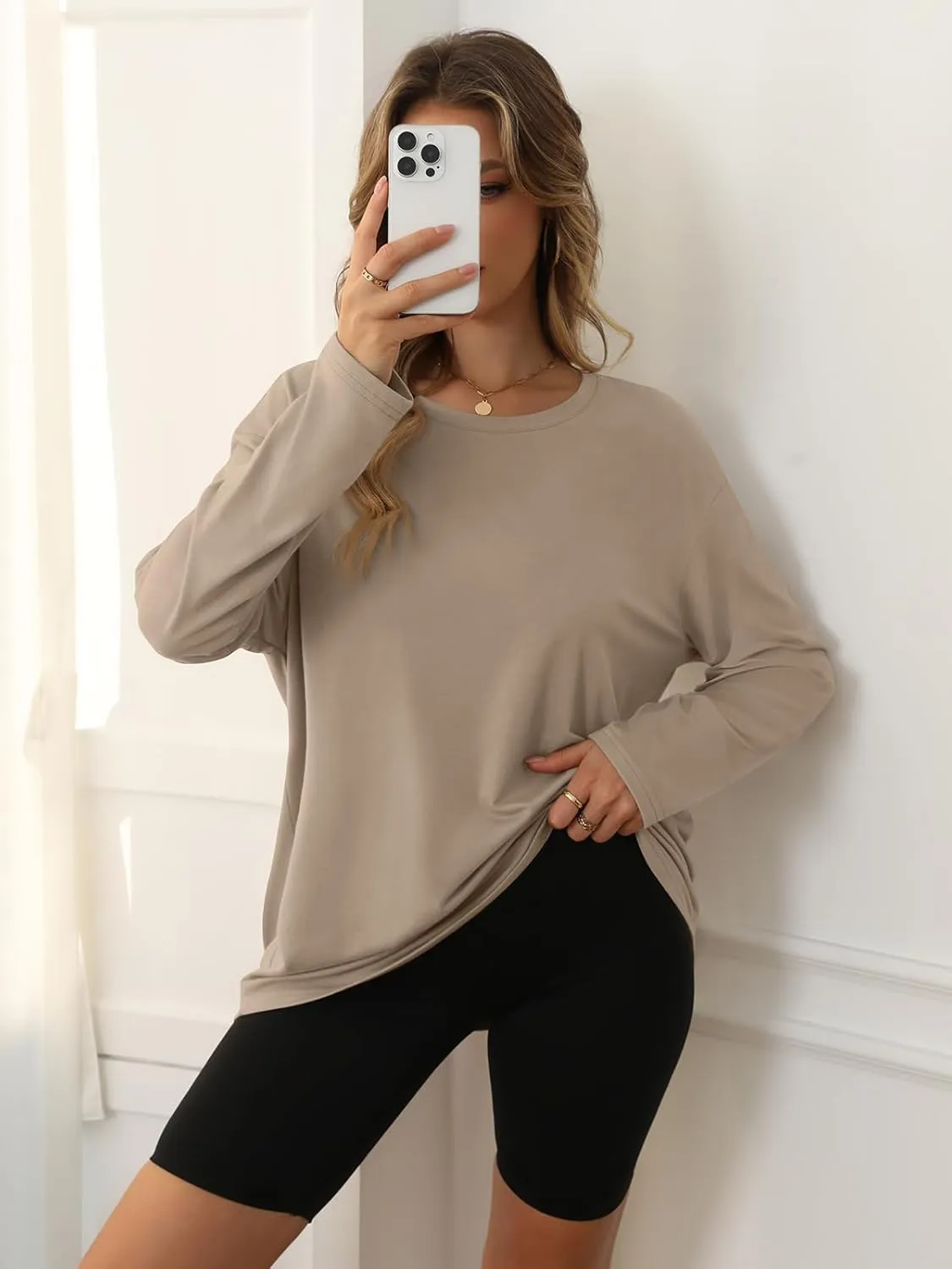 ATHMILE Womens Oversized Long Sleeve T Shirts Basic Crewneck Tee Fall Tops Casual Workout Fashion Casual Y2K Clothes