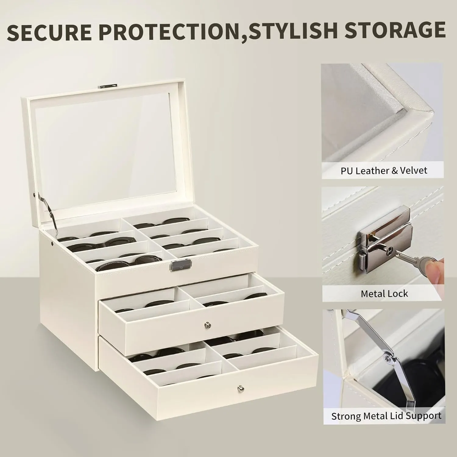 AUTOARK Leather Clear Lid 24 Piece Eyeglasses Storage and Sunglass Glasses Display Drawer Lockable Case Organizer,Beige,MKAW047