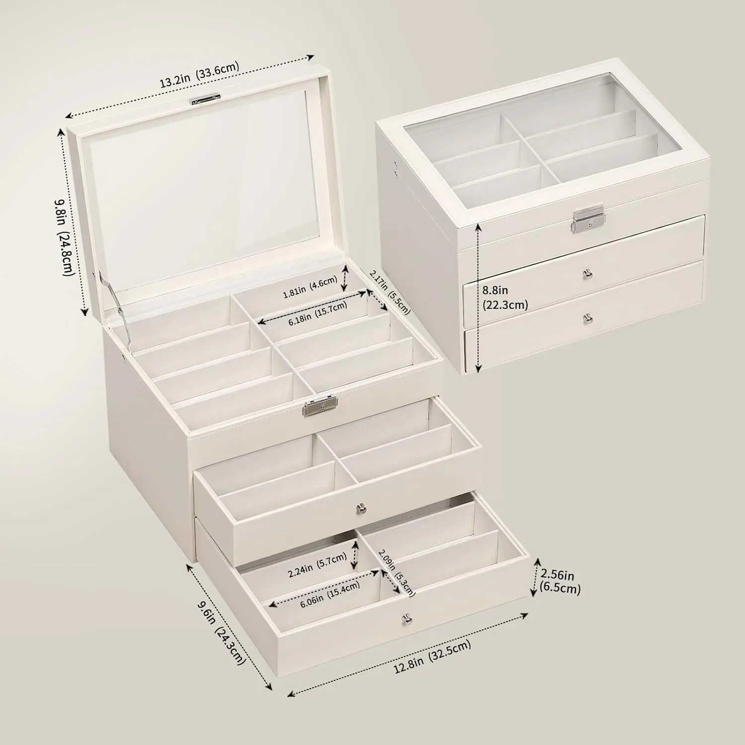 AUTOARK Leather Clear Lid 24 Piece Eyeglasses Storage and Sunglass Glasses Display Drawer Lockable Case Organizer,Beige,MKAW047