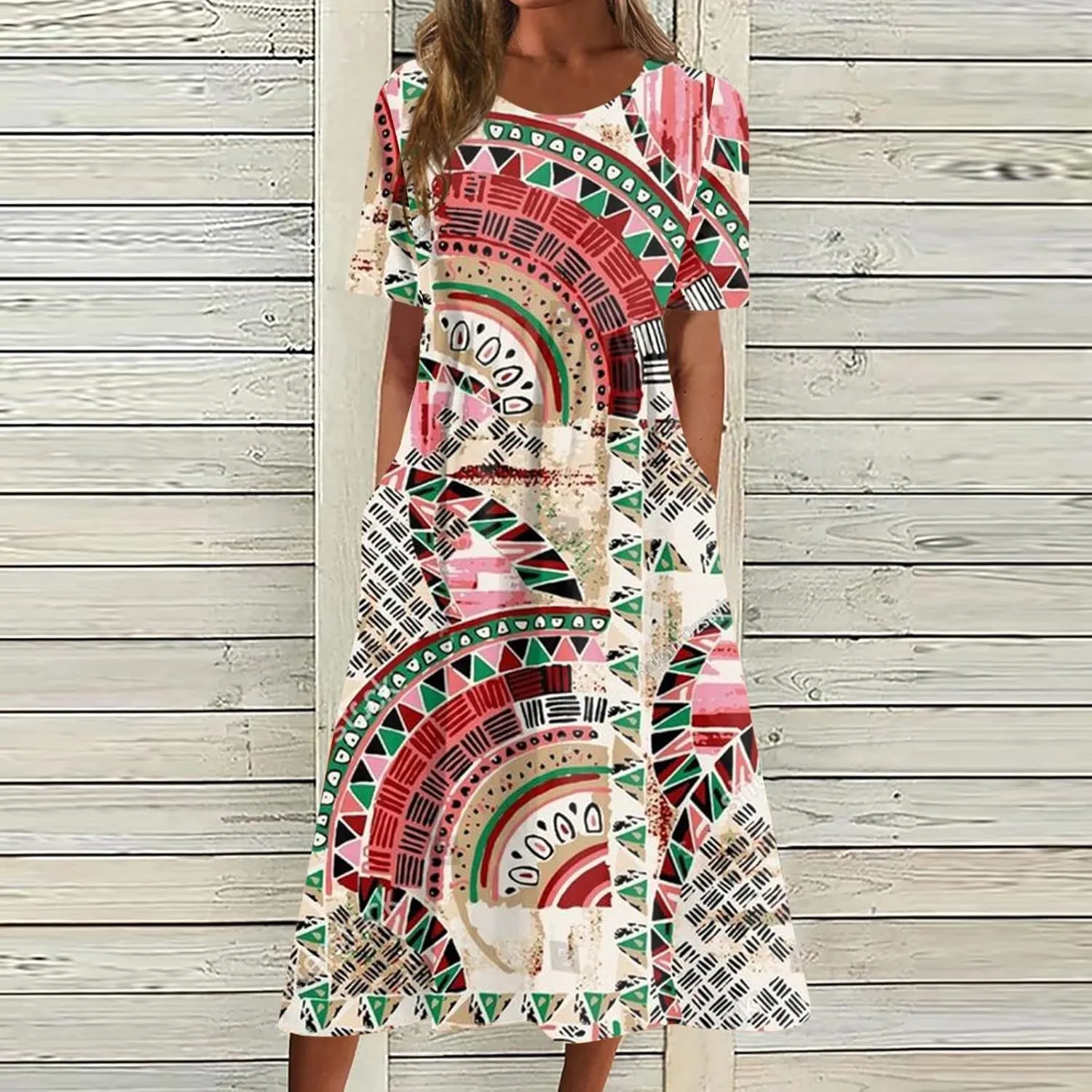 Casual Dresses for Women 2024 Plus Size Print Basic Dresses Summer Short Sleeve Flowy O Neck Dress with Pockets