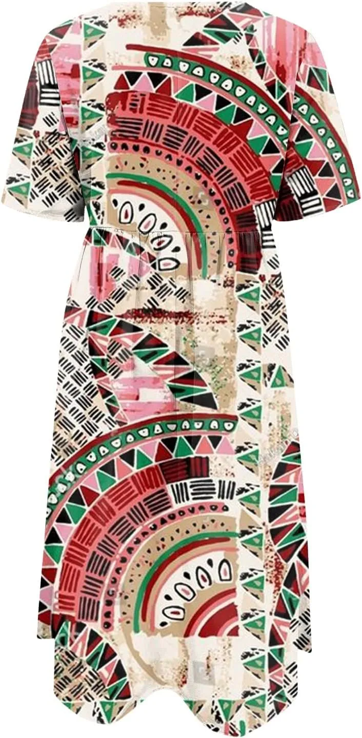 Casual Dresses for Women 2024 Plus Size Print Basic Dresses Summer Short Sleeve Flowy O Neck Dress with Pockets