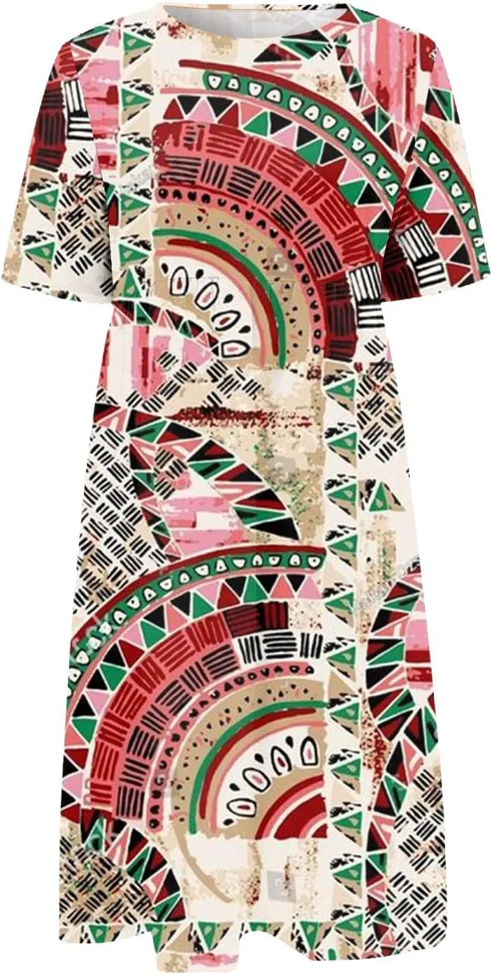 Casual Dresses for Women 2024 Plus Size Print Basic Dresses Summer Short Sleeve Flowy O Neck Dress with Pockets
