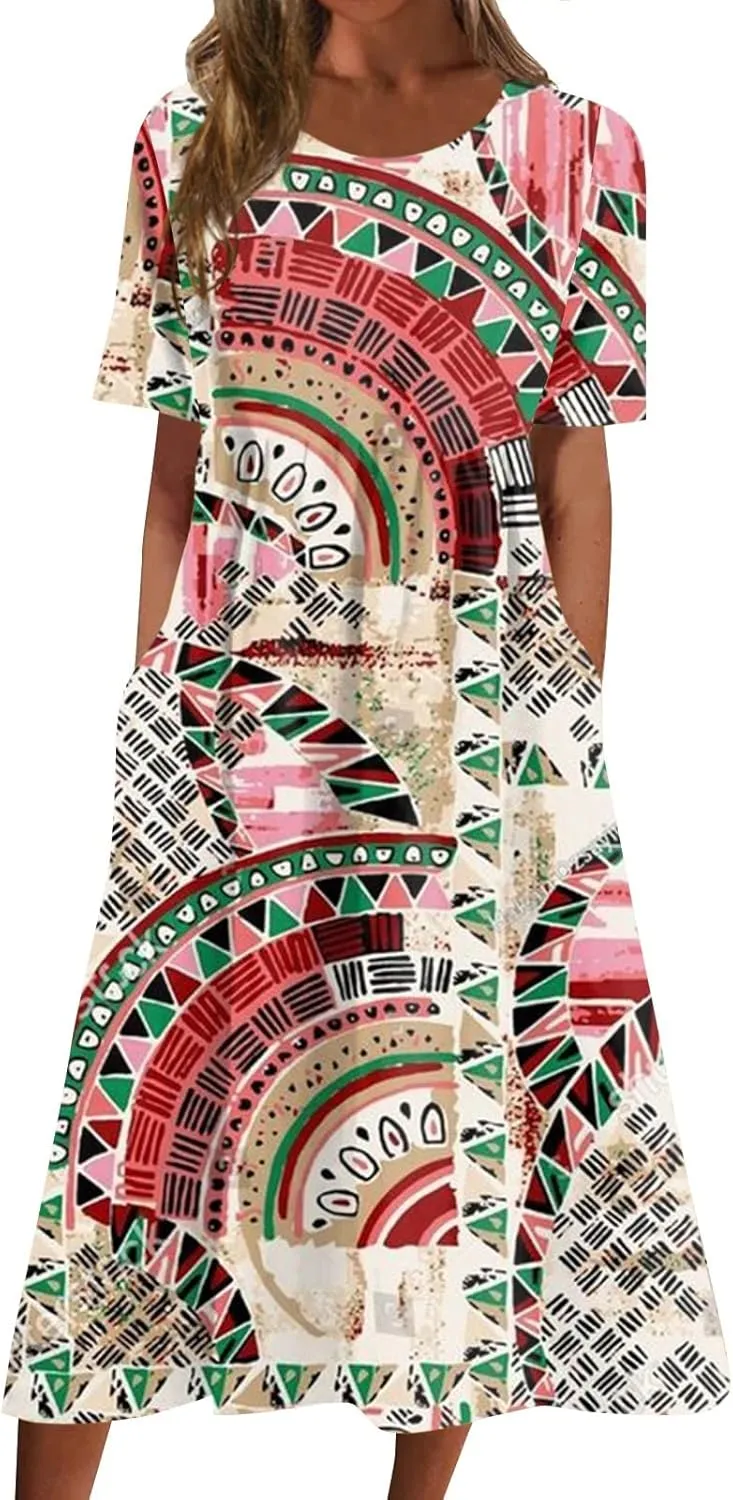 Casual Dresses for Women 2024 Plus Size Print Basic Dresses Summer Short Sleeve Flowy O Neck Dress with Pockets