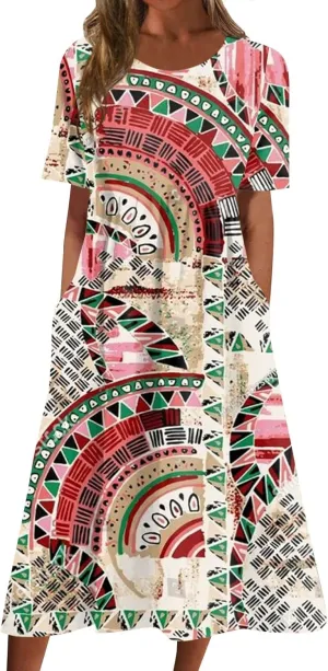Casual Dresses for Women 2024 Plus Size Print Basic Dresses Summer Short Sleeve Flowy O Neck Dress with Pockets