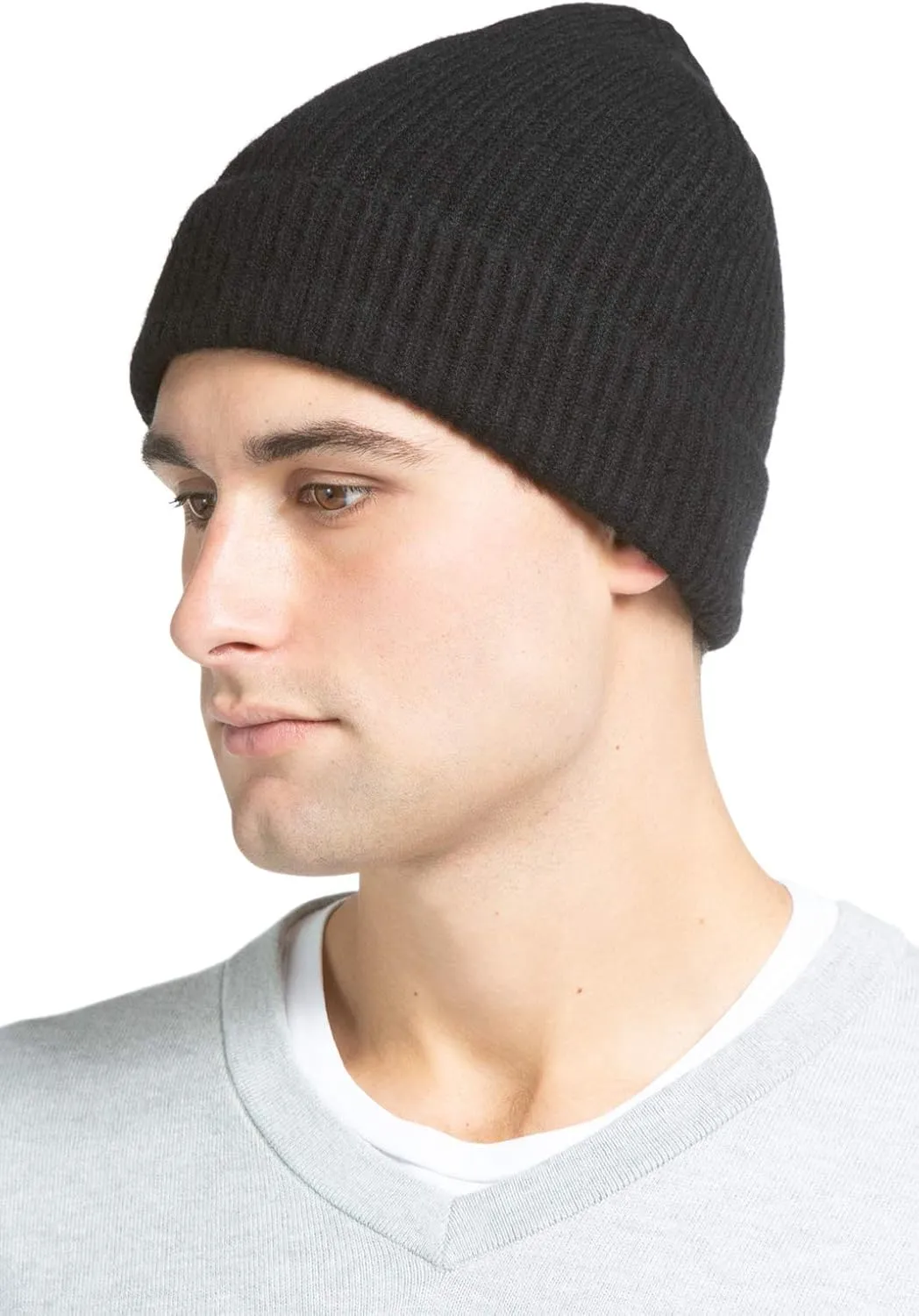 Fishers Finery Men's 100% Pure Cashmere Ribbed Cuffed Hat; Ultra Plush