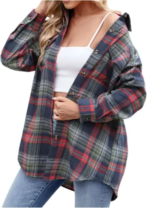 Flannel Plaid Shirts for Women Oversized Button Down Lapel Blouse Tops Long Sleeve Loose Casual Jackets with Pockets