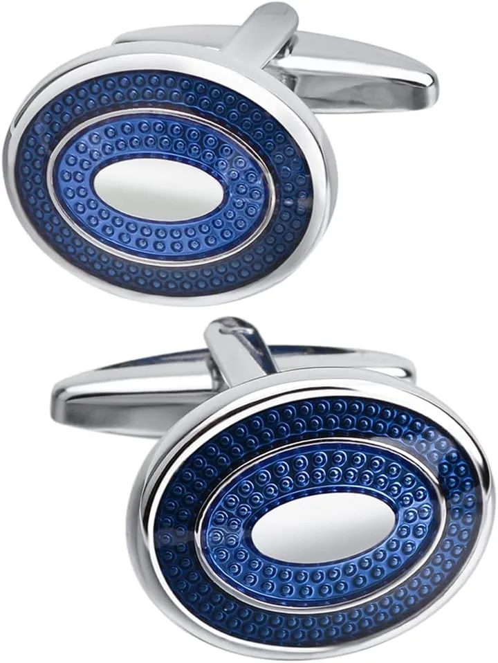 Fomissky Oval Navy Blue Cufflinks for Men Silver Plated, Personalized Men's Cuff Links Groom Wedding Gifts Tuxedo Business Shirt Accessories