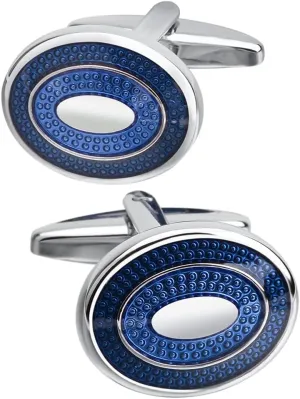Fomissky Oval Navy Blue Cufflinks for Men Silver Plated, Personalized Men's Cuff Links Groom Wedding Gifts Tuxedo Business Shirt Accessories