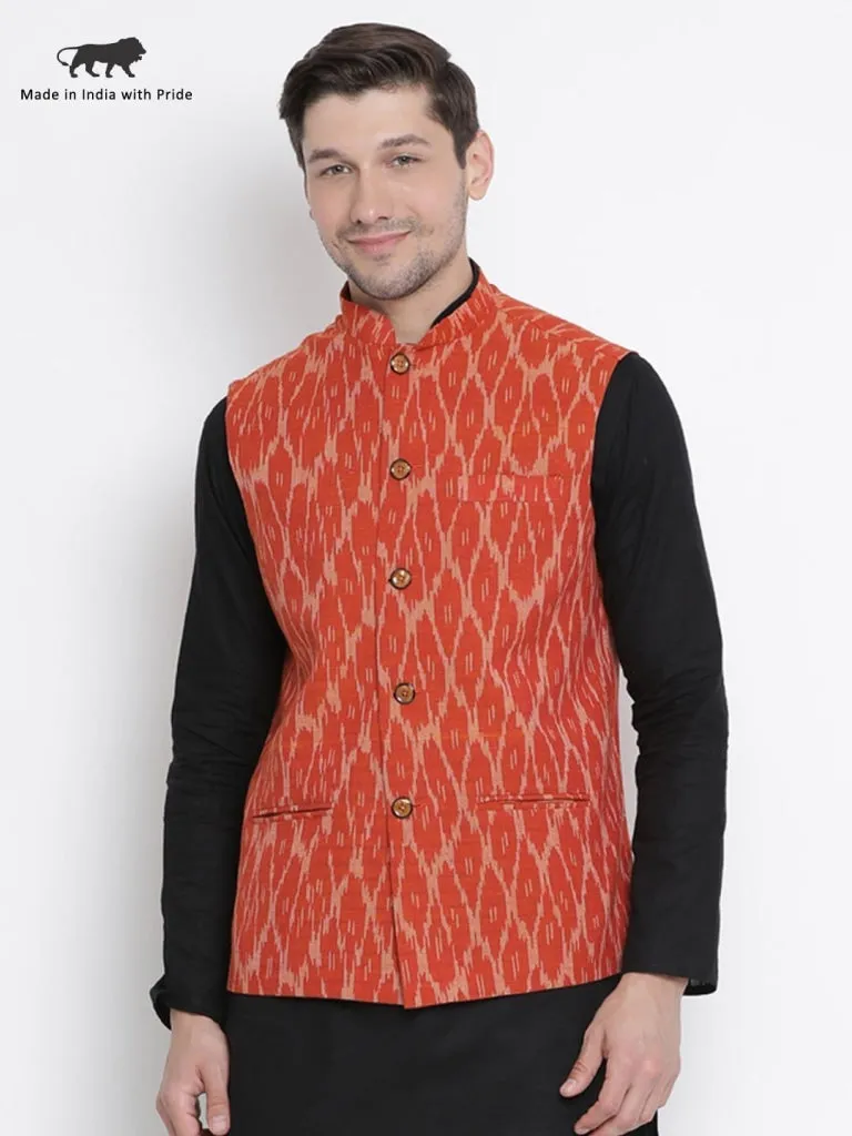 Jashvi Men's Orange Cotton Ethnic Jacket