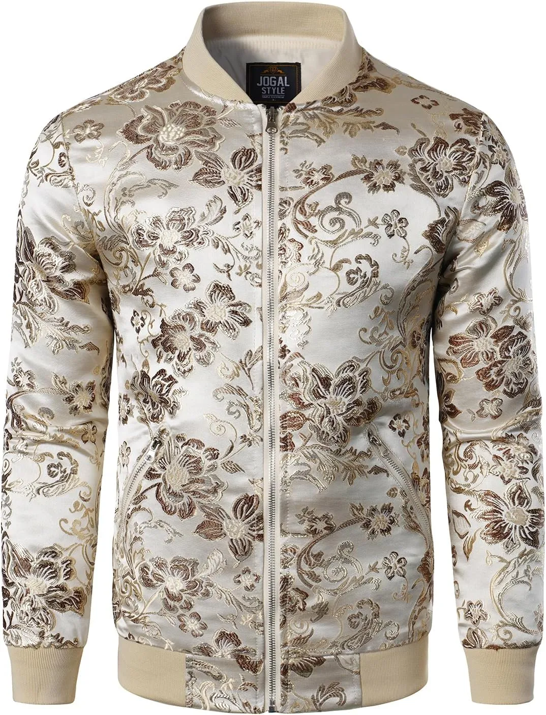 JOGAL Men's Luxury Paisley Floral Embroidered Satin Bomber Jacket
