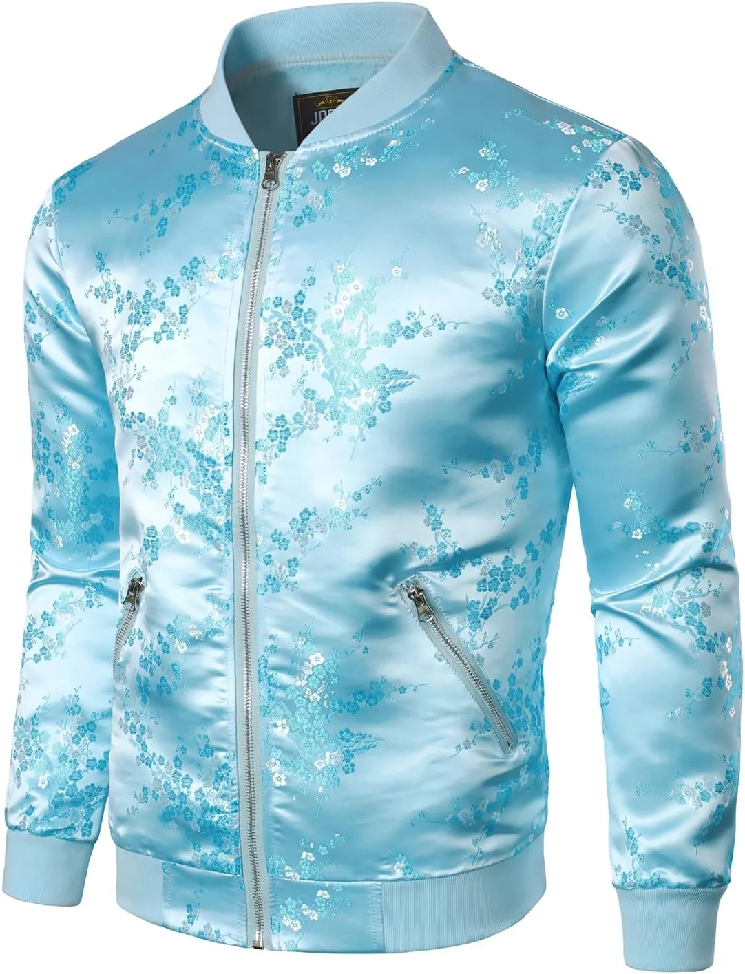 JOGAL Men's Luxury Paisley Floral Embroidered Satin Bomber Jacket