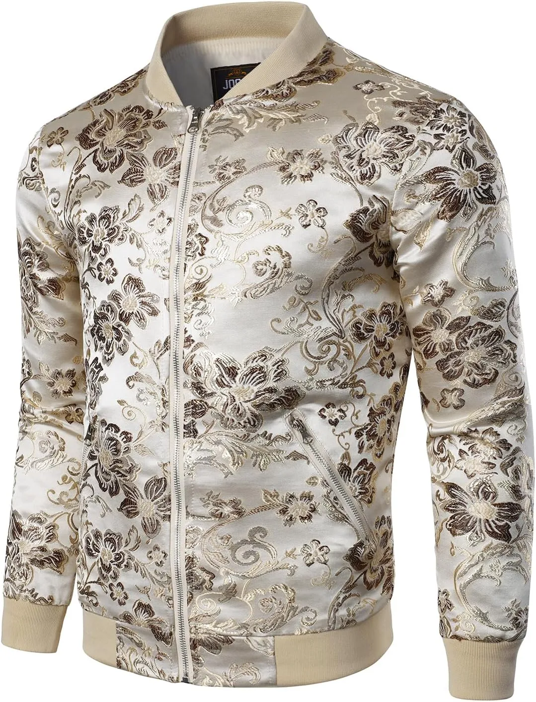 JOGAL Men's Luxury Paisley Floral Embroidered Satin Bomber Jacket