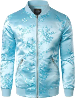 JOGAL Men's Luxury Paisley Floral Embroidered Satin Bomber Jacket