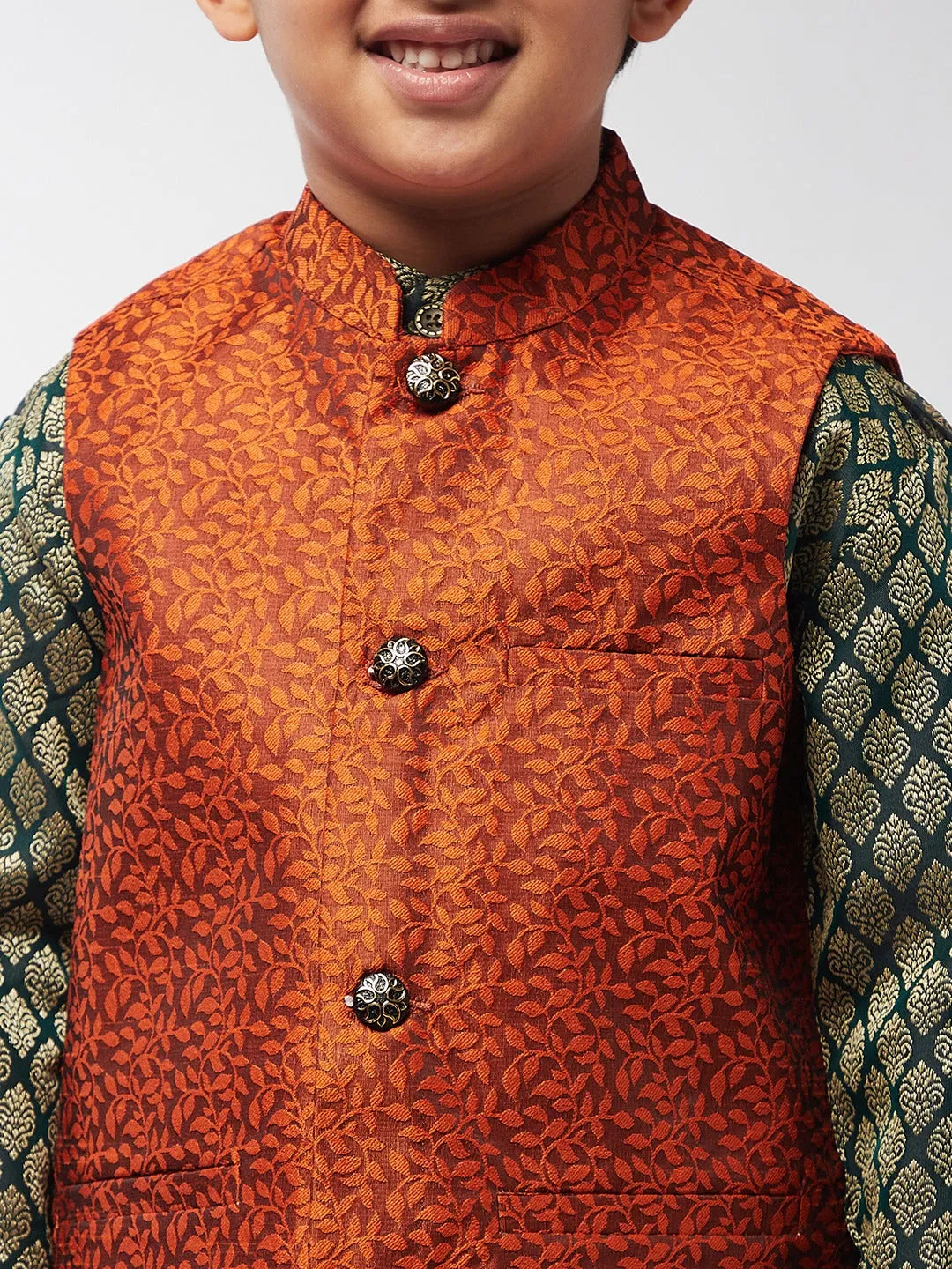 Kid's Jacquard Silk Orange Self design ONLY Nehrujacket - Sojanya KID