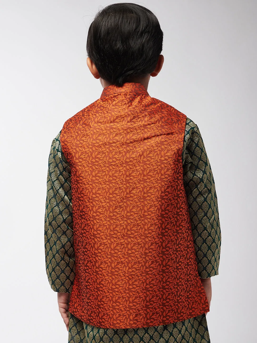 Kid's Jacquard Silk Orange Self design ONLY Nehrujacket - Sojanya KID