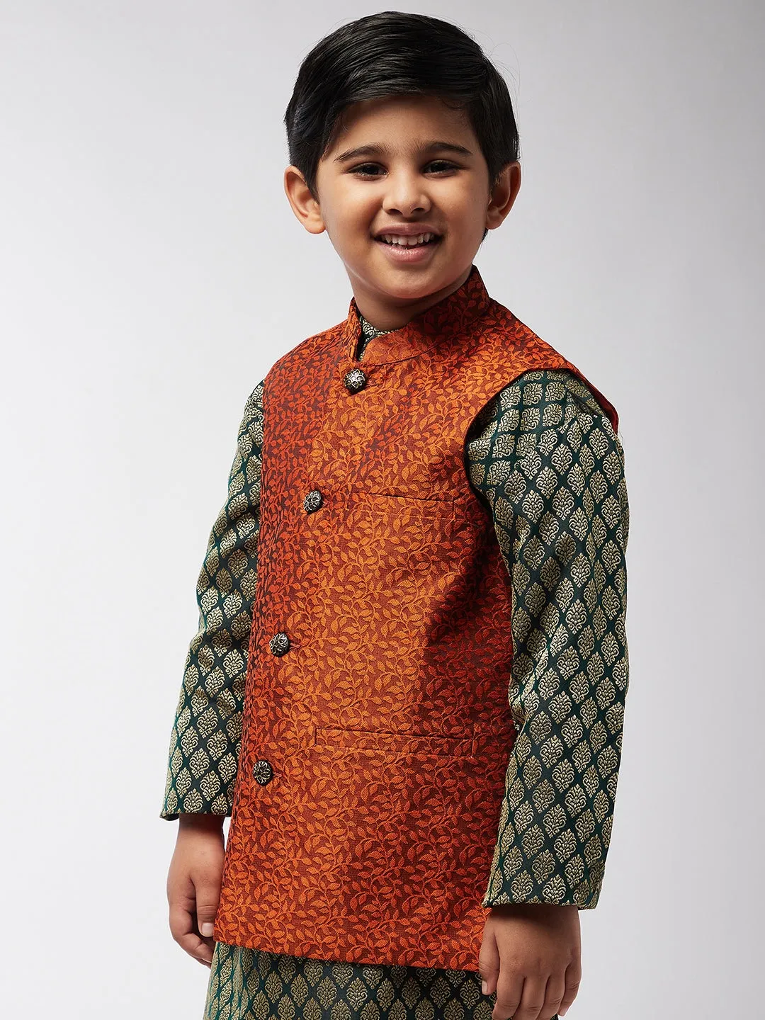 Kid's Jacquard Silk Orange Self design ONLY Nehrujacket - Sojanya KID
