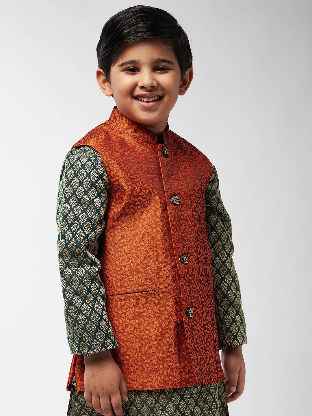 Kid's Jacquard Silk Orange Self design ONLY Nehrujacket - Sojanya KID
