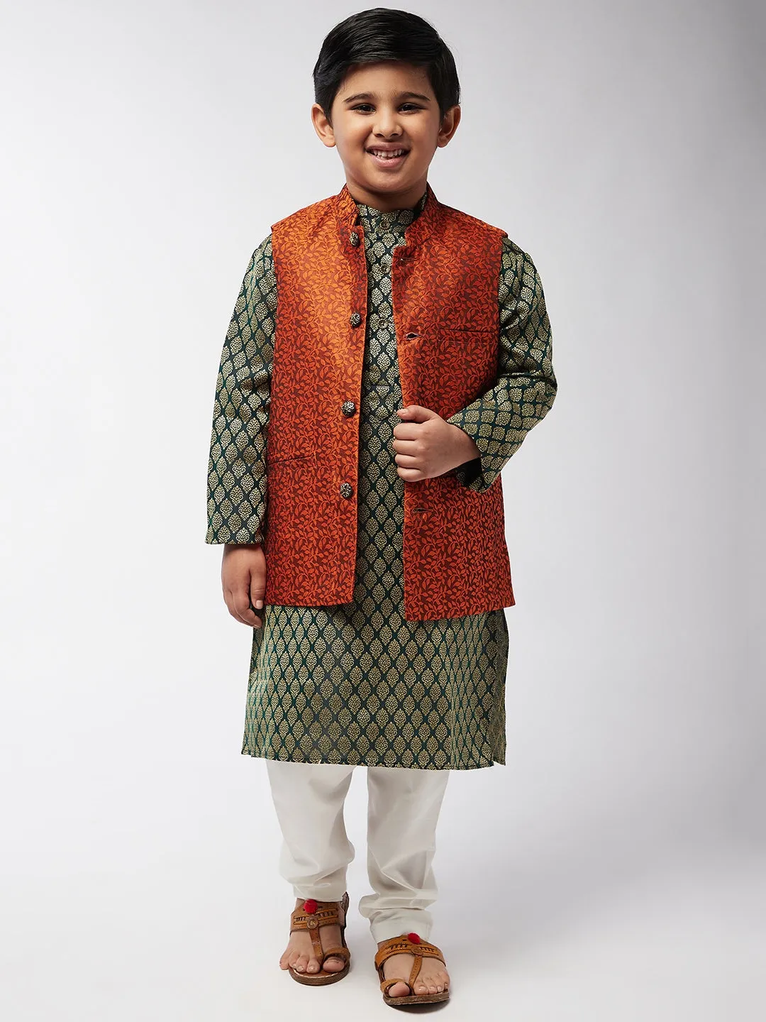 Kid's Jacquard Silk Orange Self design ONLY Nehrujacket - Sojanya KID