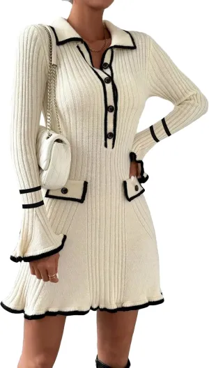 Ladyful Women's Sweater Mini Dress Long Sleeve Sexy Bodycon Button Front V-Neck Knit Pullover Dress Beige