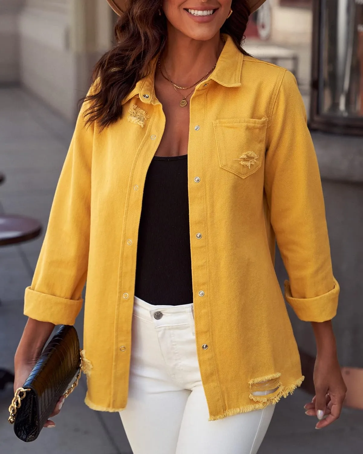 luvamia Womens Denim Jacket Distressed Button Down Jean Shirt For Women Ripped Shacket Coat