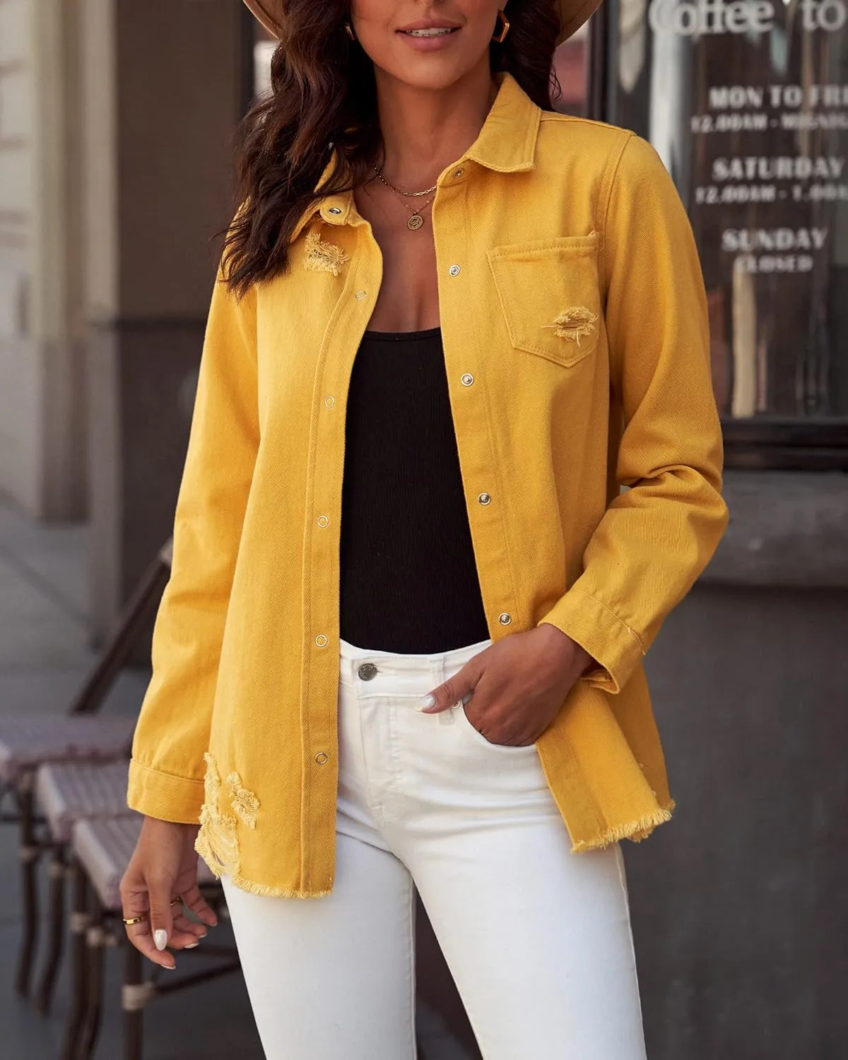 luvamia Womens Denim Jacket Distressed Button Down Jean Shirt For Women Ripped Shacket Coat