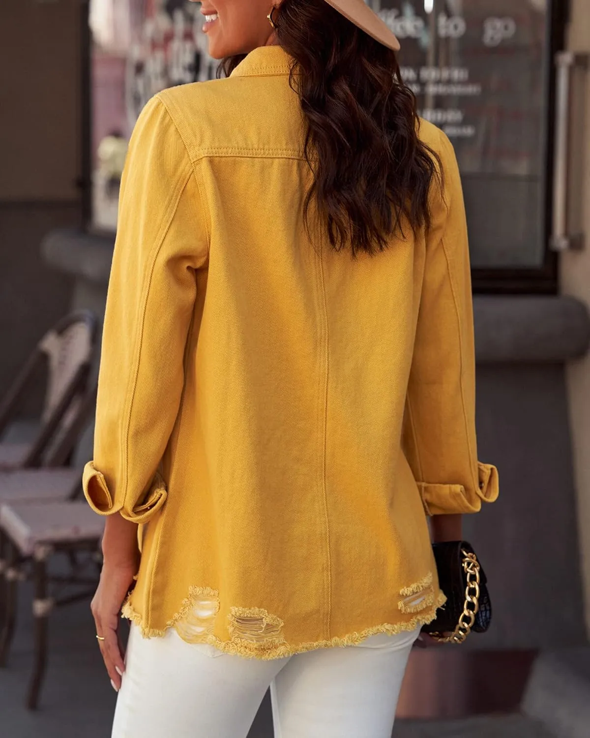 luvamia Womens Denim Jacket Distressed Button Down Jean Shirt For Women Ripped Shacket Coat