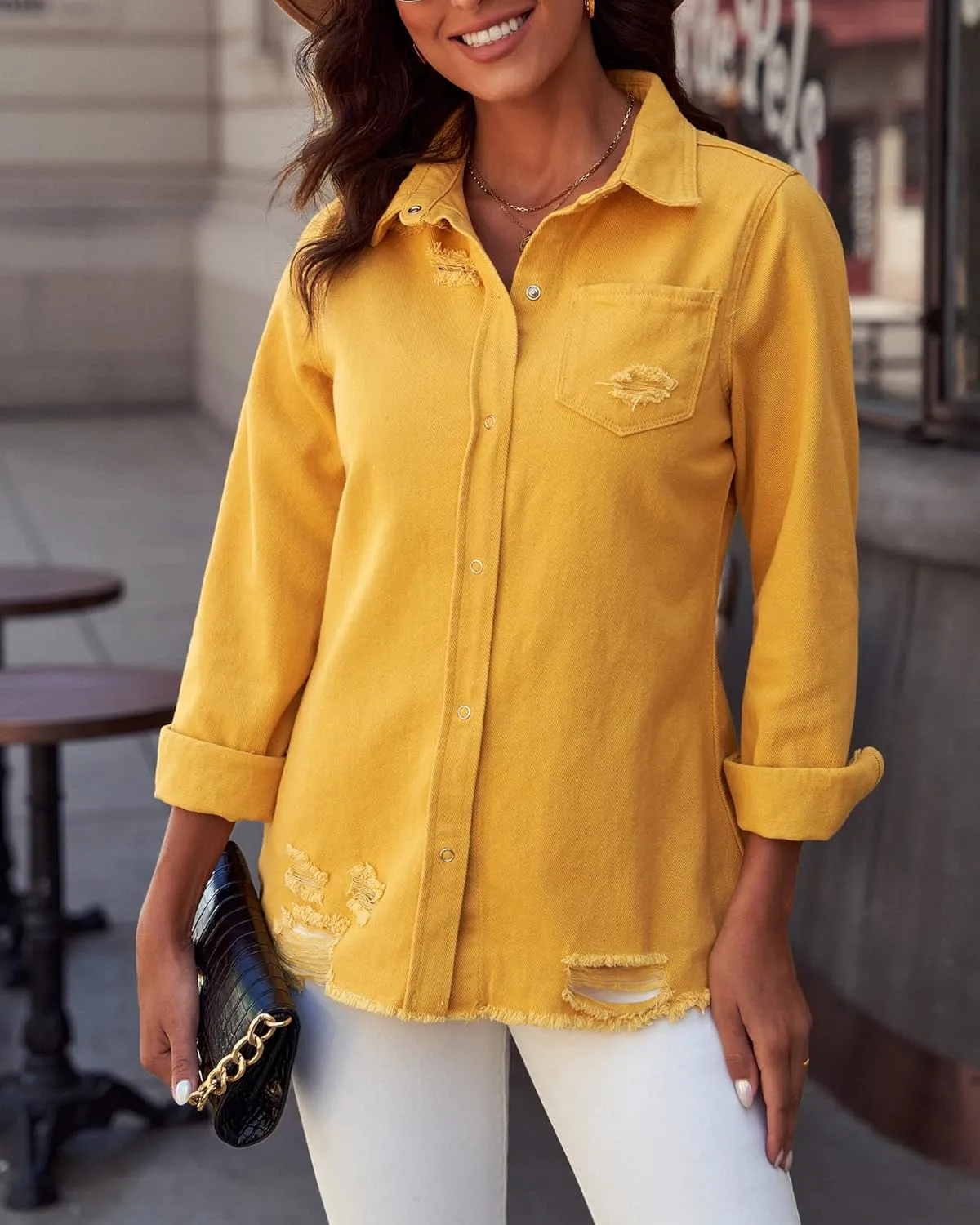 luvamia Womens Denim Jacket Distressed Button Down Jean Shirt For Women Ripped Shacket Coat