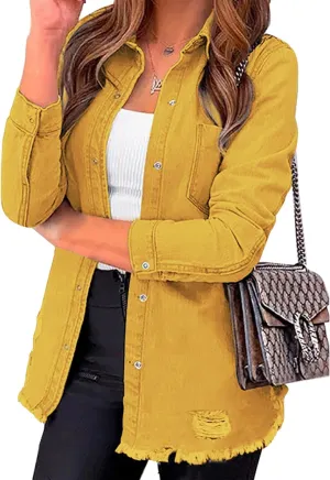 luvamia Womens Denim Jacket Distressed Button Down Jean Shirt For Women Ripped Shacket Coat