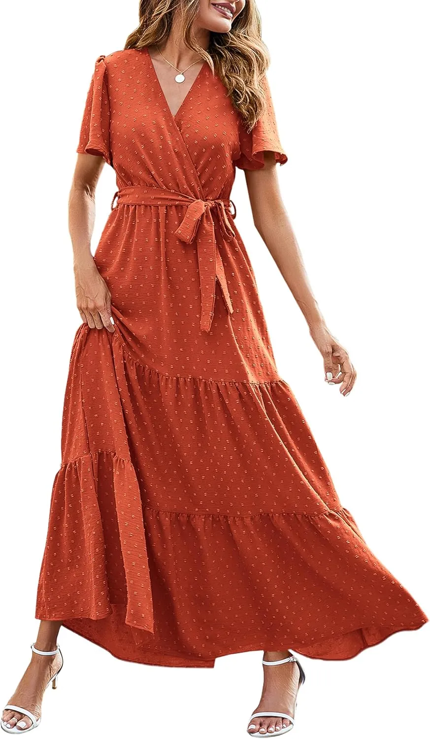 MASCOMODA Womens Summer Swiss Dot Maxi Dressses Wrap V Neck Flutter Short Sleeve Boho Casual Flowy Long Wedding Guest Dress
