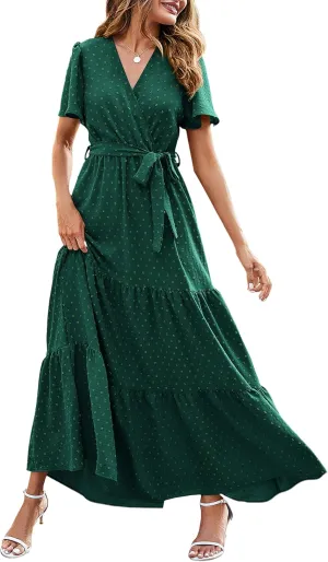 MASCOMODA Womens Summer Swiss Dot Maxi Dressses Wrap V Neck Flutter Short Sleeve Boho Casual Flowy Long Wedding Guest Dress