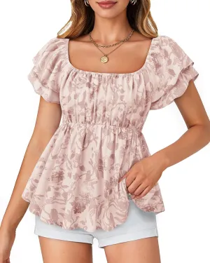 MCKOL Womens Smocked Peplum Tops Square Neck Ruffle Short Sleeve Shirts Babydoll Blouses Summer Casual