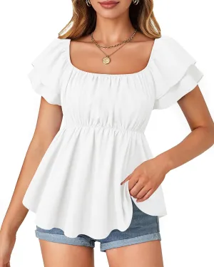 MCKOL Womens Smocked Peplum Tops Square Neck Ruffle Short Sleeve Shirts Babydoll Blouses Summer Casual