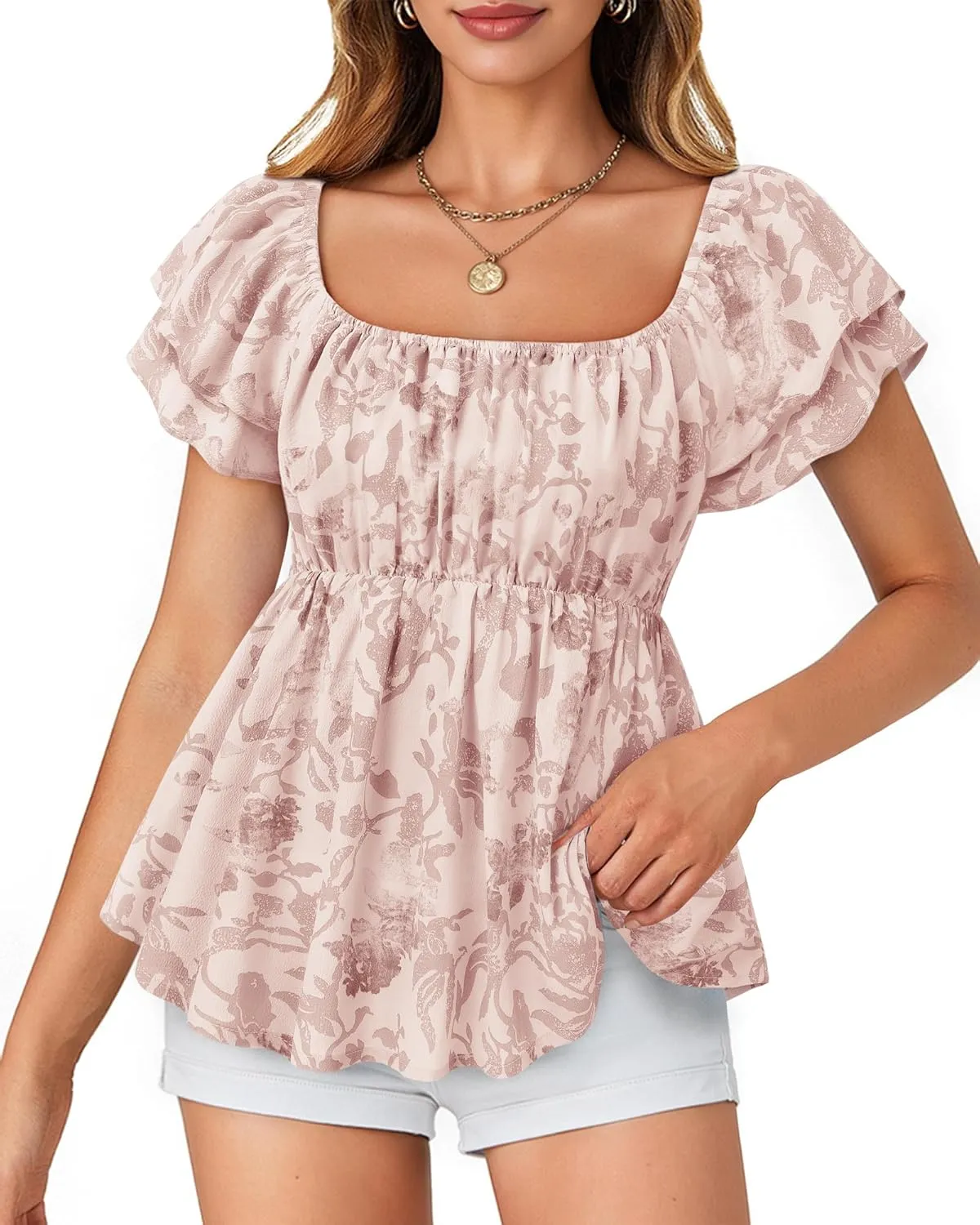 MCKOL Womens Smocked Peplum Tops Square Neck Ruffle Short Sleeve Shirts Babydoll Blouses Summer Casual
