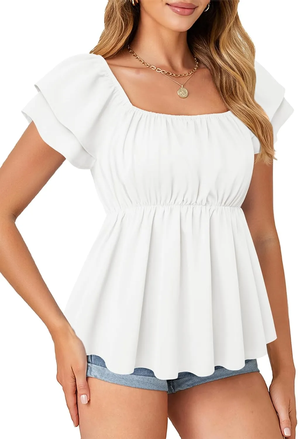 MCKOL Womens Smocked Peplum Tops Square Neck Ruffle Short Sleeve Shirts Babydoll Blouses Summer Casual