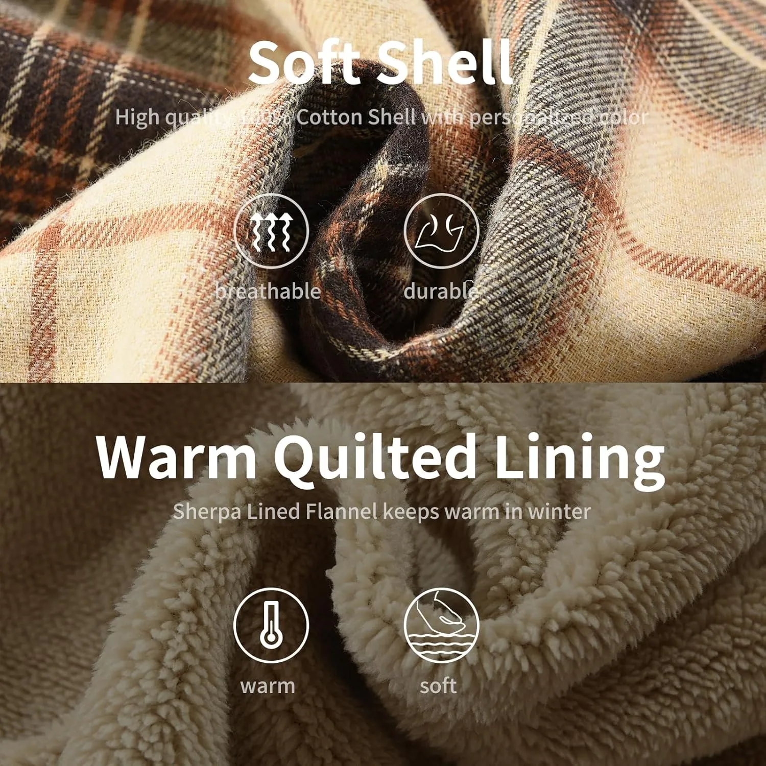 Men's Cotton Plaid Shirts Jacket Fleece Lined Flannel Shirts Sherpa Button Down Jackets with Hood for Men