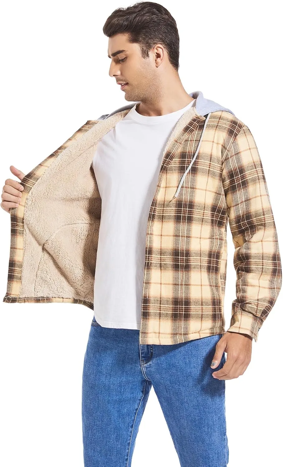 Men's Cotton Plaid Shirts Jacket Fleece Lined Flannel Shirts Sherpa Button Down Jackets with Hood for Men
