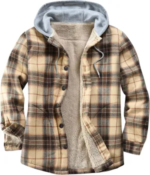 Men's Cotton Plaid Shirts Jacket Fleece Lined Flannel Shirts Sherpa Button Down Jackets with Hood for Men